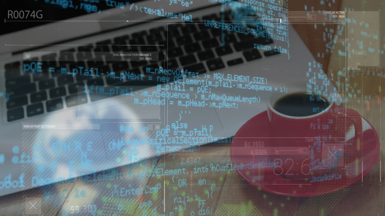 Animación de procesamiento de datos financieros sobre una computadora portátil