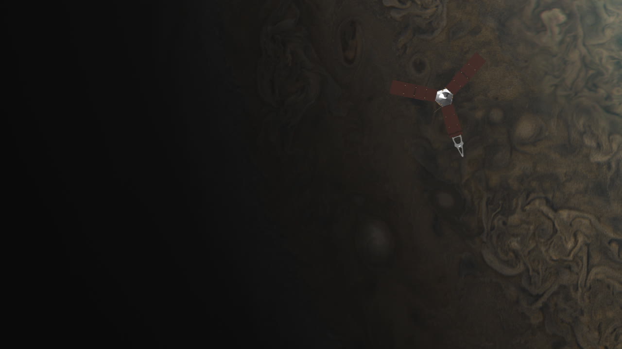 Juno Spacecraft Probe Orbiting Planet Jupiter Taking Pictures Looking for Clues to Origin and Evolution of the Gas Giant. High Quality 3D Space Animation 4K.