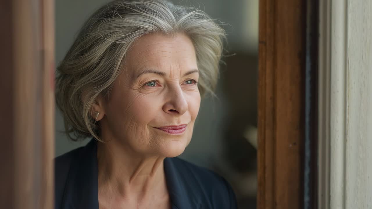 Mulher idosa sorrindo, olhando pela janela, mudando para uma expressão calma e contemplativa, blazer azul-marinho.