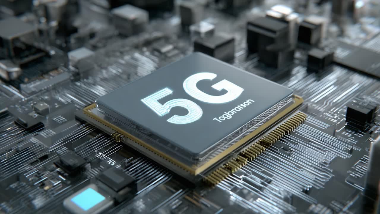 Esplorando i progressi della tecnologia 5G attraverso primi piani dettagliati di un processore moderno su un circuito stampato, mettendo in mostra le innovazioni nella comunicazione
