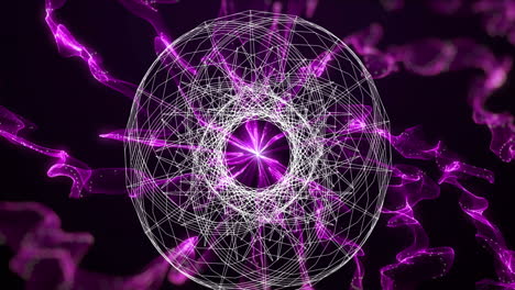 animation of globe of network of connections over purple light trails on black background