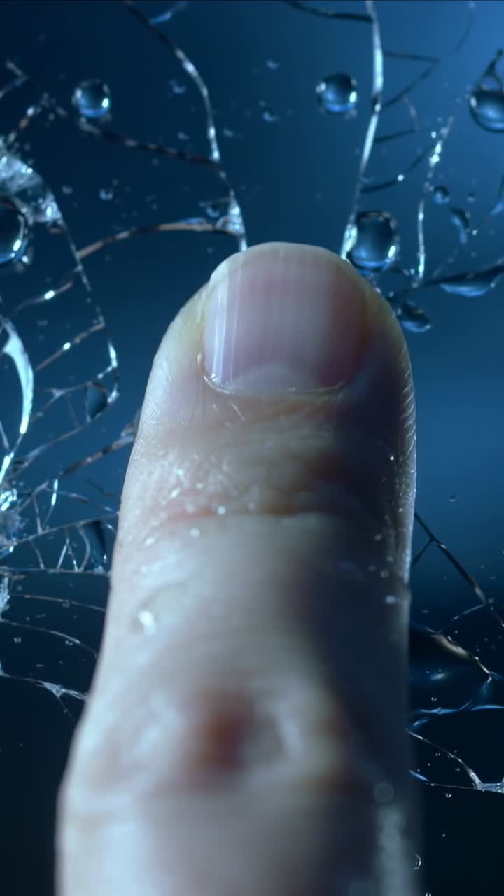Vertical video: Shifting fingertip moving after camera focus at cracked glass, showing droplets