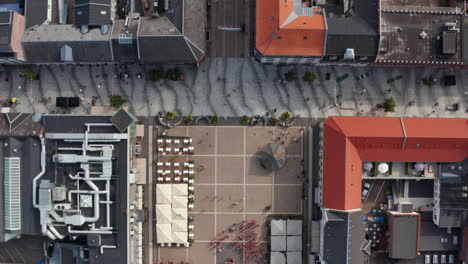 Overhead-view-over-the-famous-Torvet-square-in-Esbjerg,-Denmark-with-the-statue-of-Christian-IX.-Top-down-view-of-the-main-square-of-Esbjerg-with-its-courthouse