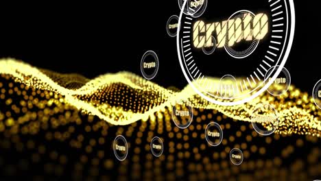 Animation-of-crypto-in-circles-over-yellow-glitter-on-black-background