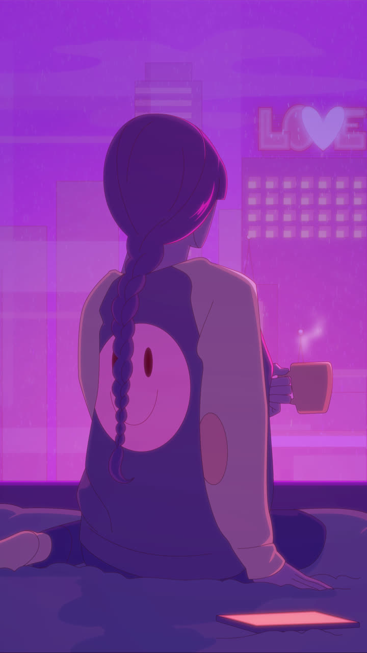 chica disfrutando de café junto a la ventana en una ciudad por la noche