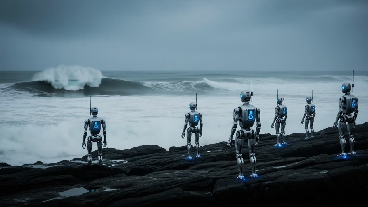 Group of Robots Standing on Rocky Shoreline, Gazing Out Over the Churning Ocean Waves Under a Gloomy Sky – A Symbol of Technology's Connection with Nature