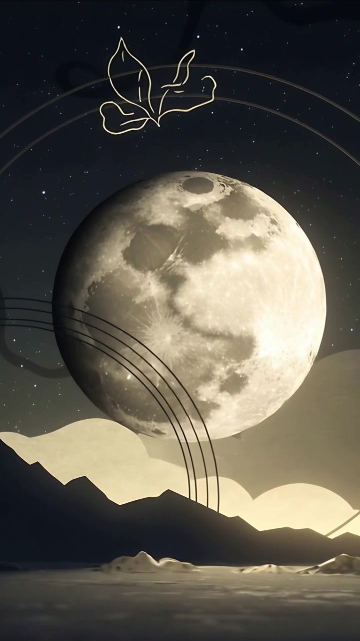 Vídeo vertical: Quadros iniciais com folhas flutuando ao redor da lua cheia à noite, montanhas, água brilhando