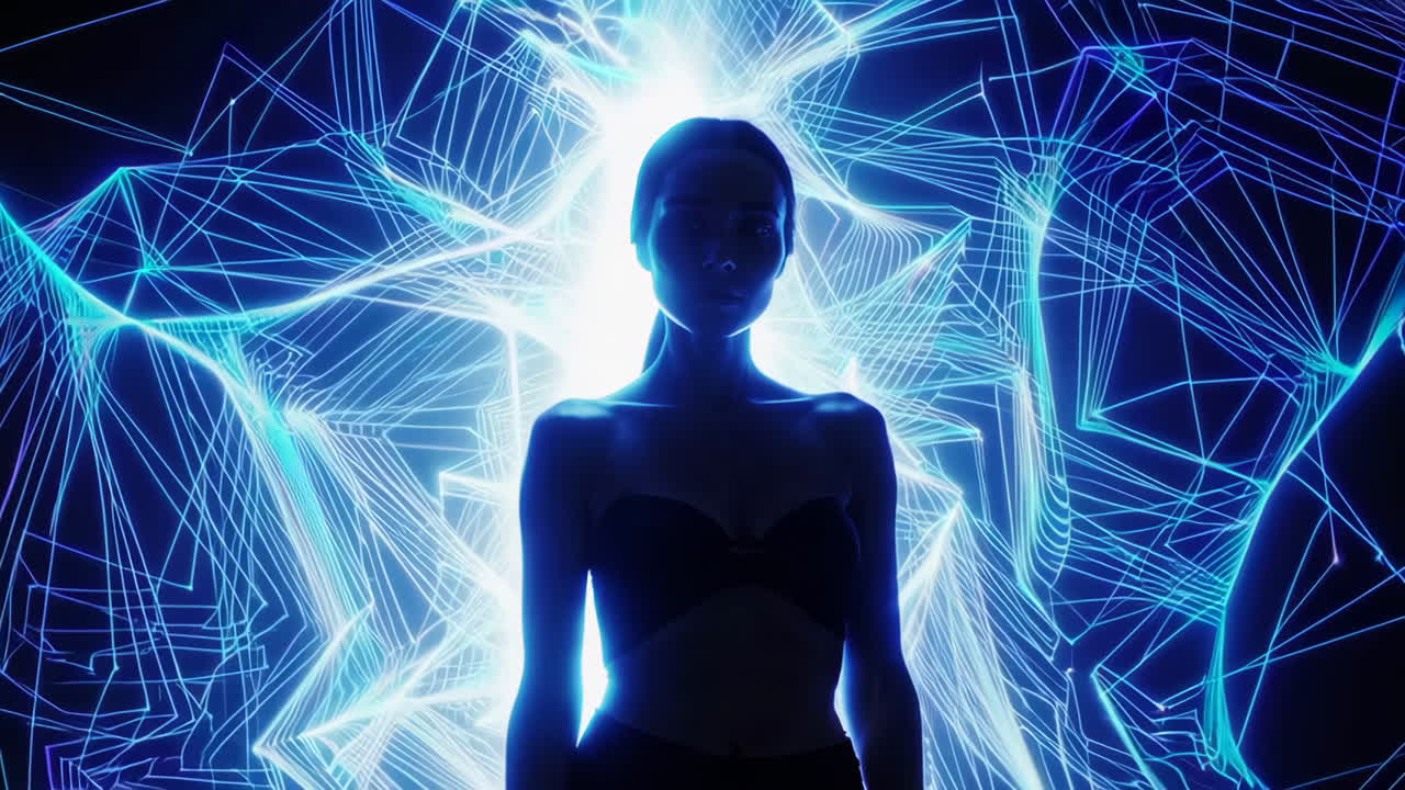 Silhouette of a Woman Against a Luminous Blue Digital Network