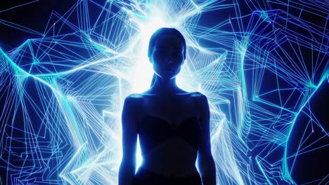 silhouette of a woman against a luminous blue digital network