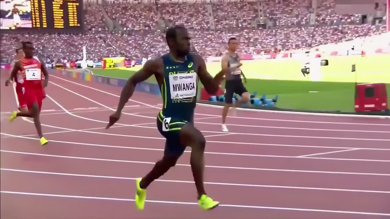 Dynamic video still of a sprinter in motion, captured from a side angle on a track