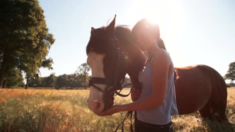 girl lovingly rubbing her horse's mane in a field