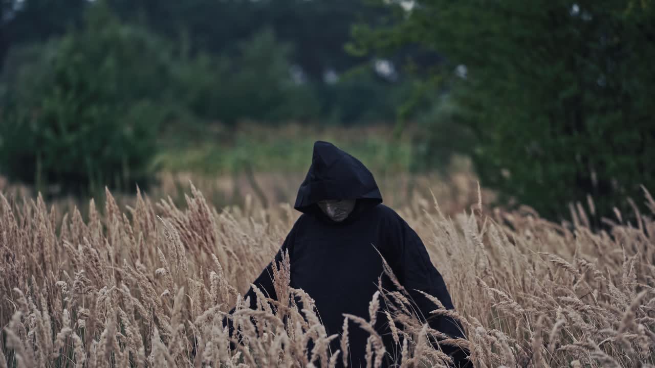 Mystical devil in black mantle on field. Portrait of a spooky figure with scary face in dark robe with hood on blur trees background outdoors.