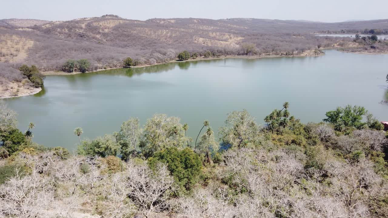 tiro de seguimiento a través del arco del fuerte de ranthambore con vistas al lago ragbagh en el parque nacional de ranthambore, rajasthan, india