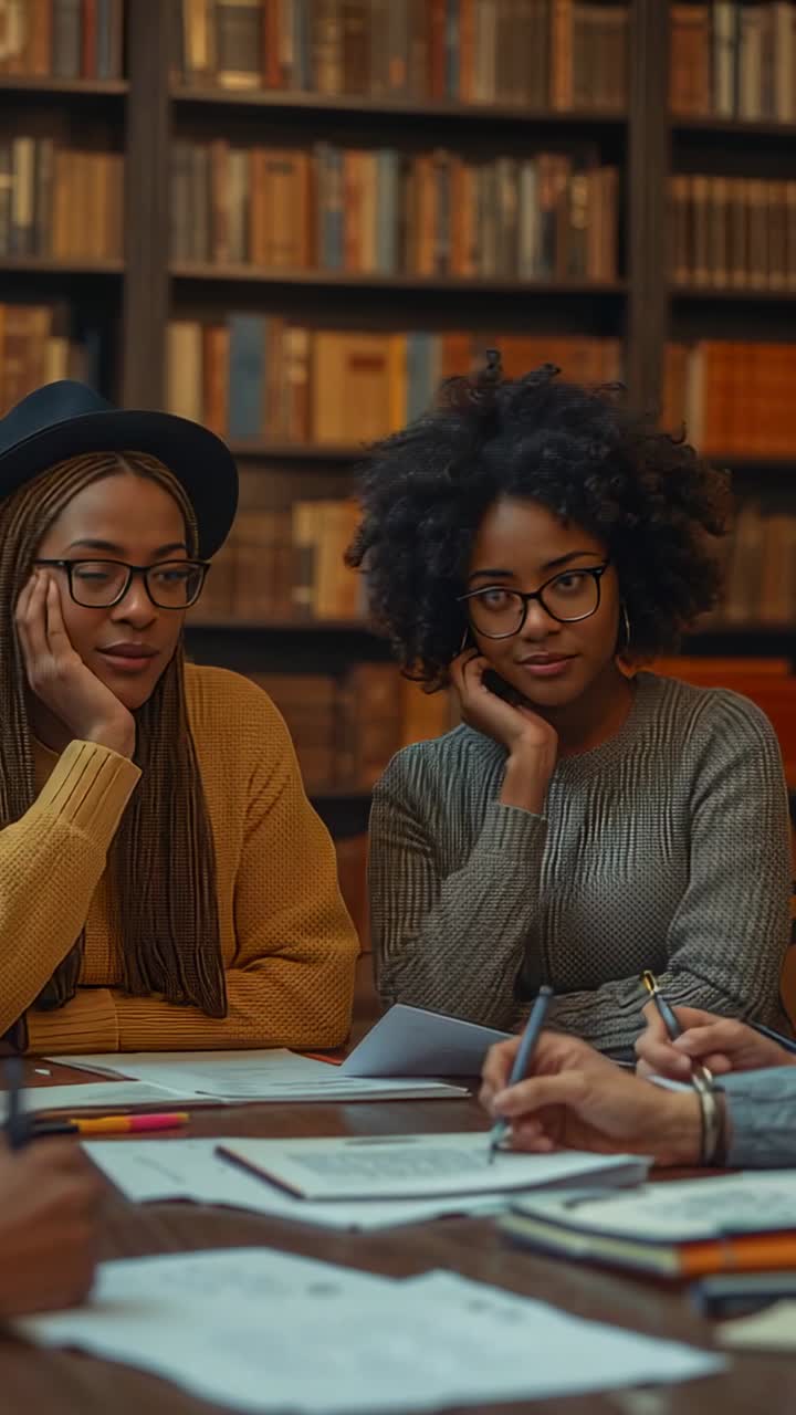 Vertical video: Hands entering frame writing notes, students studying at library table with papers