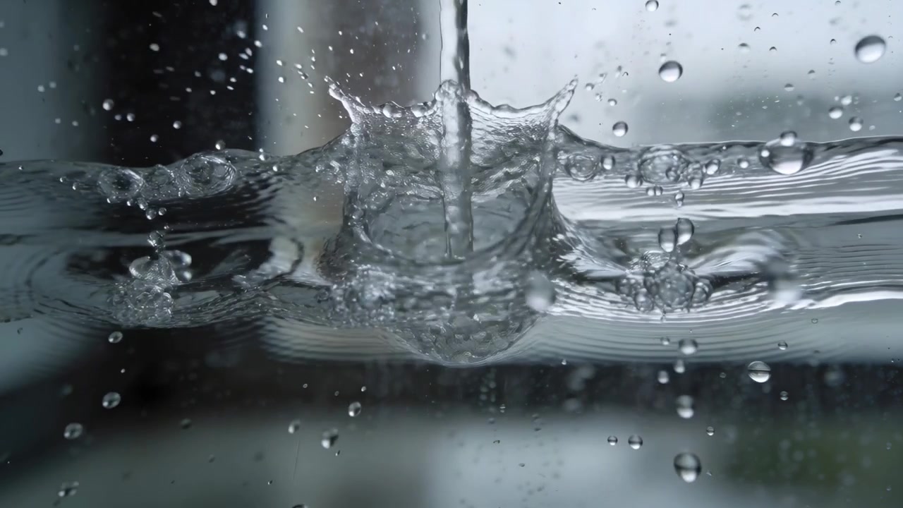 Goccioline che colpiscono dall'alto creando schizzi a corona lungo una cresta d'acqua orizzontale sul vetro sotto la pioggia.