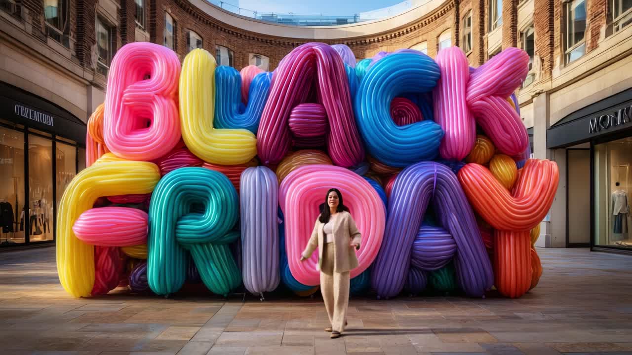 Celebrating Black Friday with Vibrant Balloon Art Installations in a Shopping Center, Capturing the Excitement and Anticipation of Holiday Shopping Season in a Stylish Environment