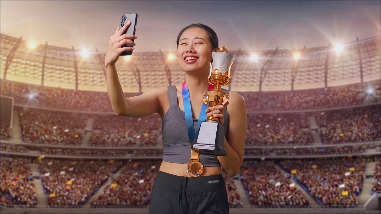 mujer asiática con una medalla de oro mostrando un trofeo de oro a la llamada de video en el teléfono inteligente en el estadio
