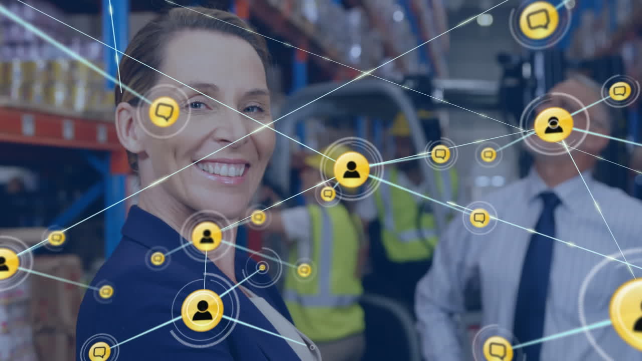 animación de la red de conexiones con iconos sobre diversas personas que trabajan en el almacén