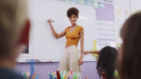 female teacher standing at whiteboard teaching lesson to elementary pupils in school classroom