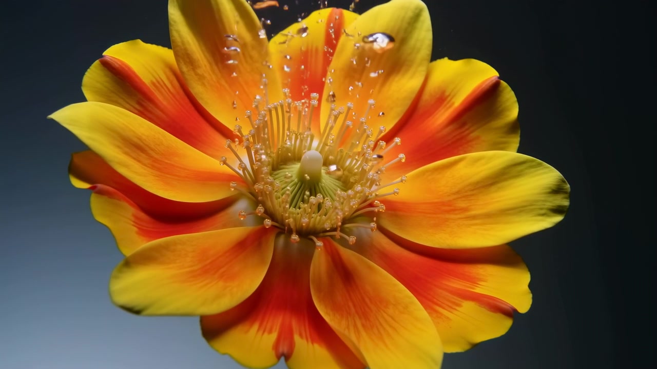 Makrofoto af en enkelt gul-orange blomst, hvor vanddråber falder ned på de centrale støvdragere, der afslører blanke kronblade, levende farver, blødt studielys og skarpe botaniske detaljer i en elegant naturlig komposition.