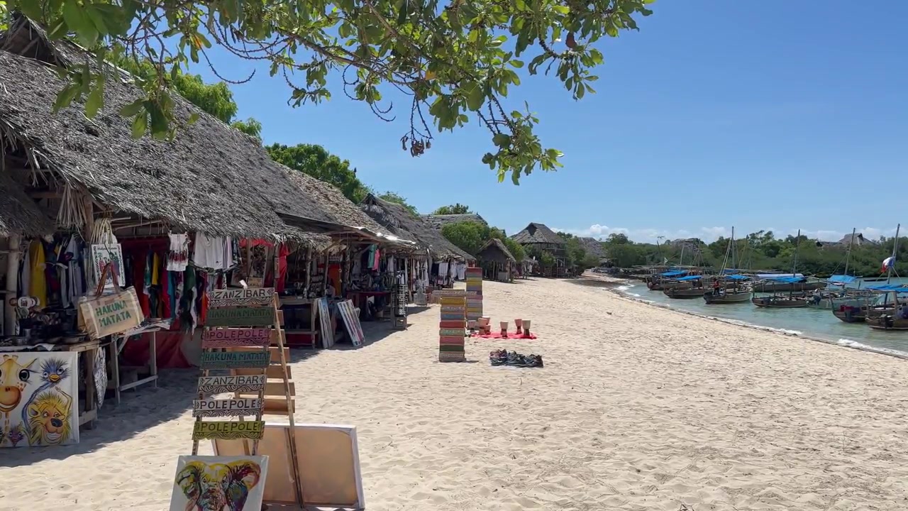 Bancarelle di souvenir in attesa di turisti sull'isola di Kwale. Zanzibar, Tanzania