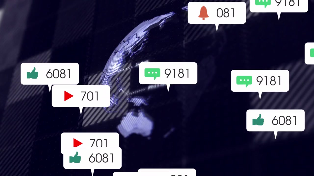 Merker som dukker opp fra kantene, stables rundt en roterende globus, visualiserer teknologiengasjement