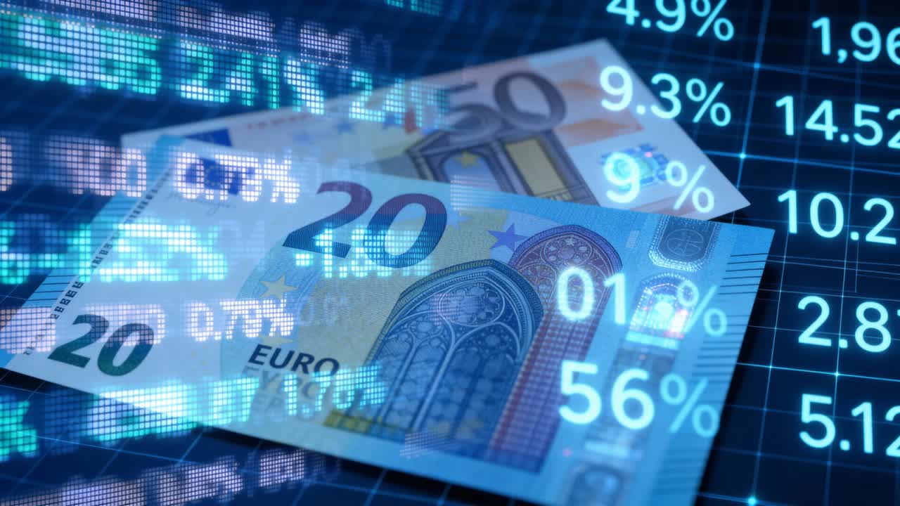 Digitaler Finanzhintergrund mit Euro-Banknoten und Börsendaten-Overlay für ein globales Wirtschaftskonzept