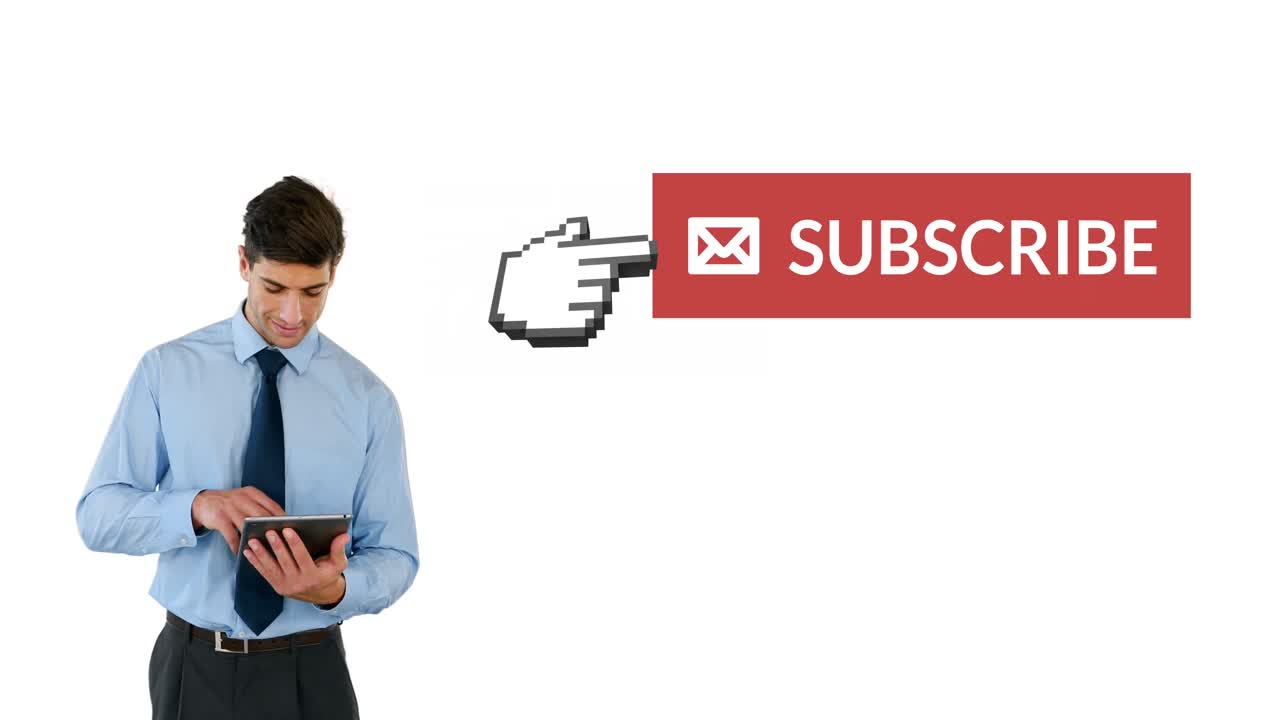 Subscribe button with a pointing hand on social media 4k