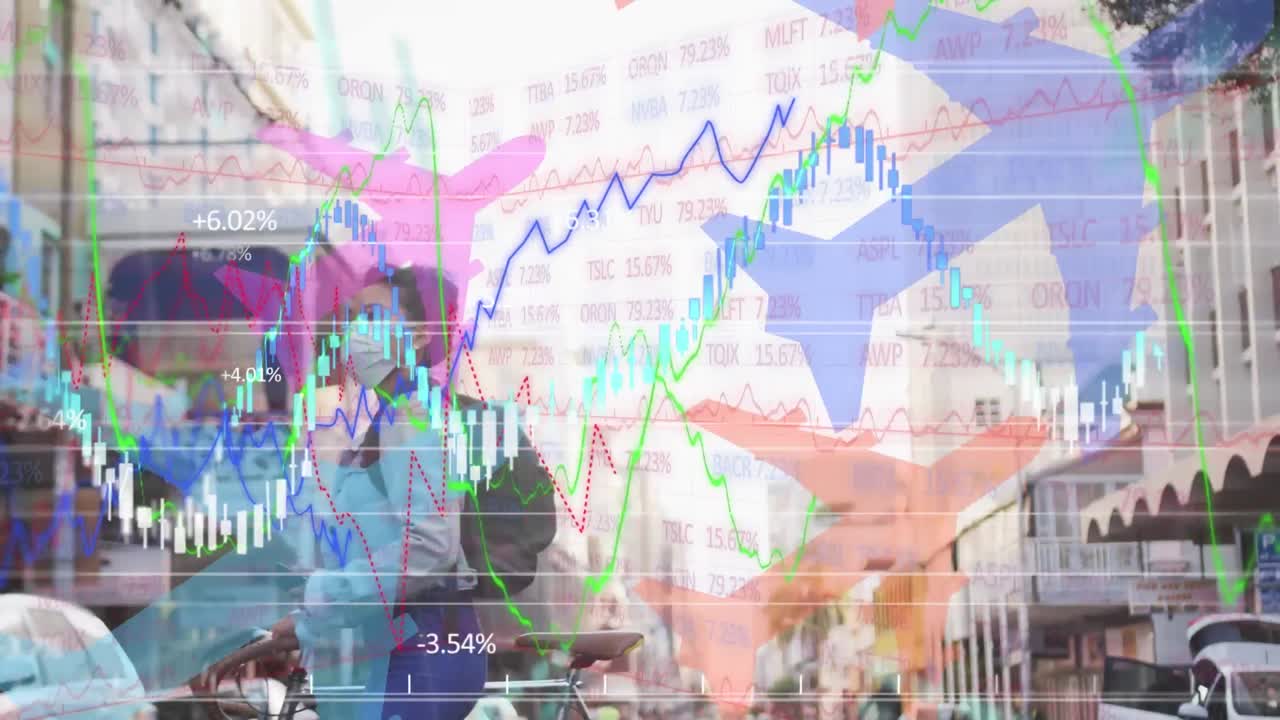 анимация статистики и обработки финансовых данных над самолетами и женщина в маске
