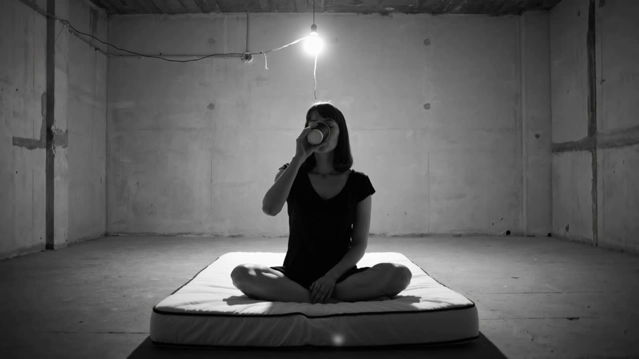 Donna con top scuro sorseggia da una tazza su un materasso in una stanza di cemento, poi controlla lo smartphone.