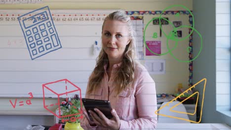 animación de la educación y los iconos escolares sobre la maestra caucásica en el aula