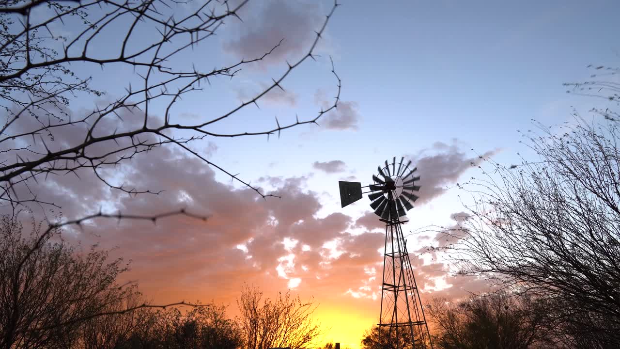 Windpump against a dramatic sunset with orange clouds on a sheep farm near Keetmanshoop, Namibia. Thorntree branches in the foreground. Stable wide shot.