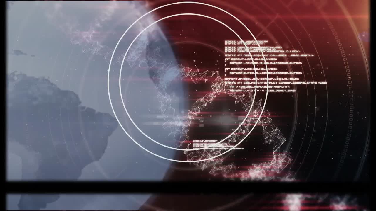 animación del adn, el globo, el carrete de cinta y el procesamiento de datos sobre fondo rojo