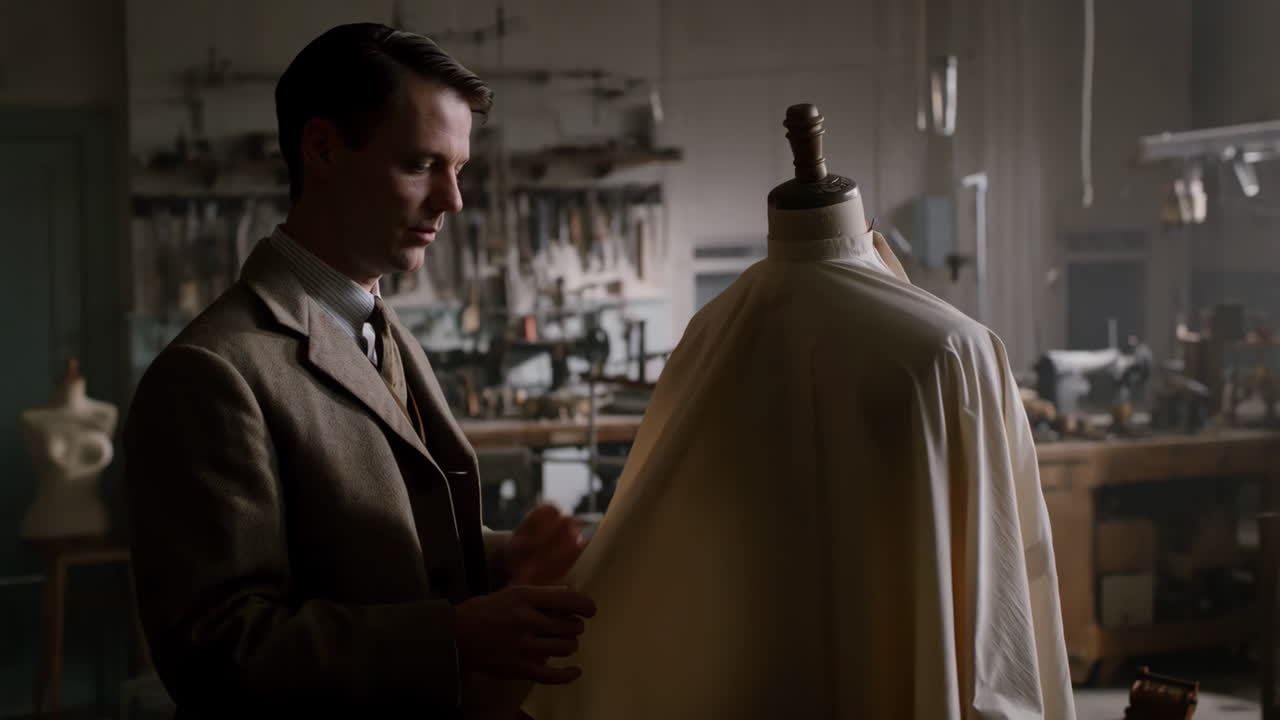A Tailor Draping Fabric on a Mannequin in a Workshop