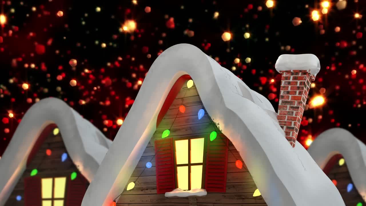 요정의 불빛으로 집 위에 내리는 눈의 애니메이션