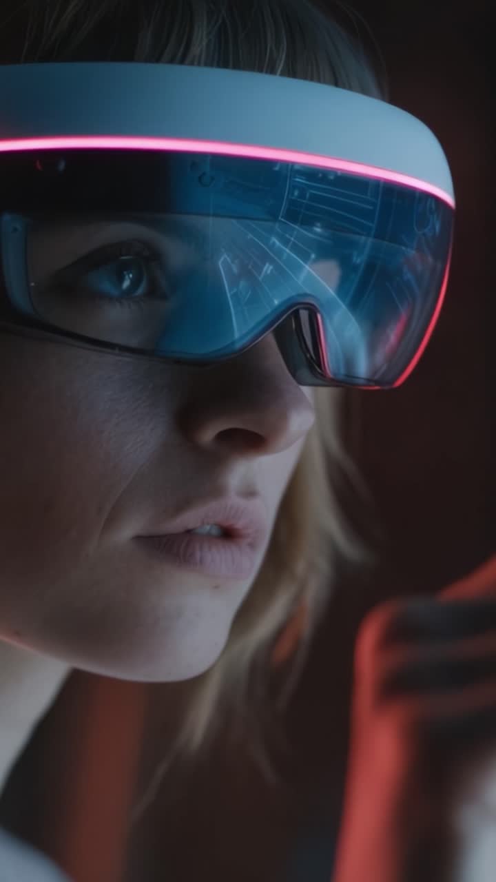 Explorando el Futuro: Primer plano de una persona usando gafas de realidad aumentada avanzadas con tecnología deslumbrante y expresiones intrigantes