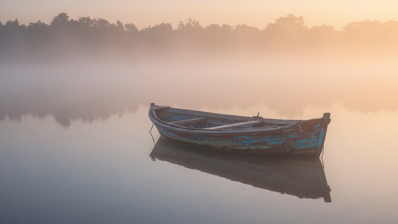 A Tranquil Morning Scene: An Abandoned Boat Glides on a Misty Lake as the Sun Rises, Casting Soft Light Over the Serene Water and Surrounding Nature
