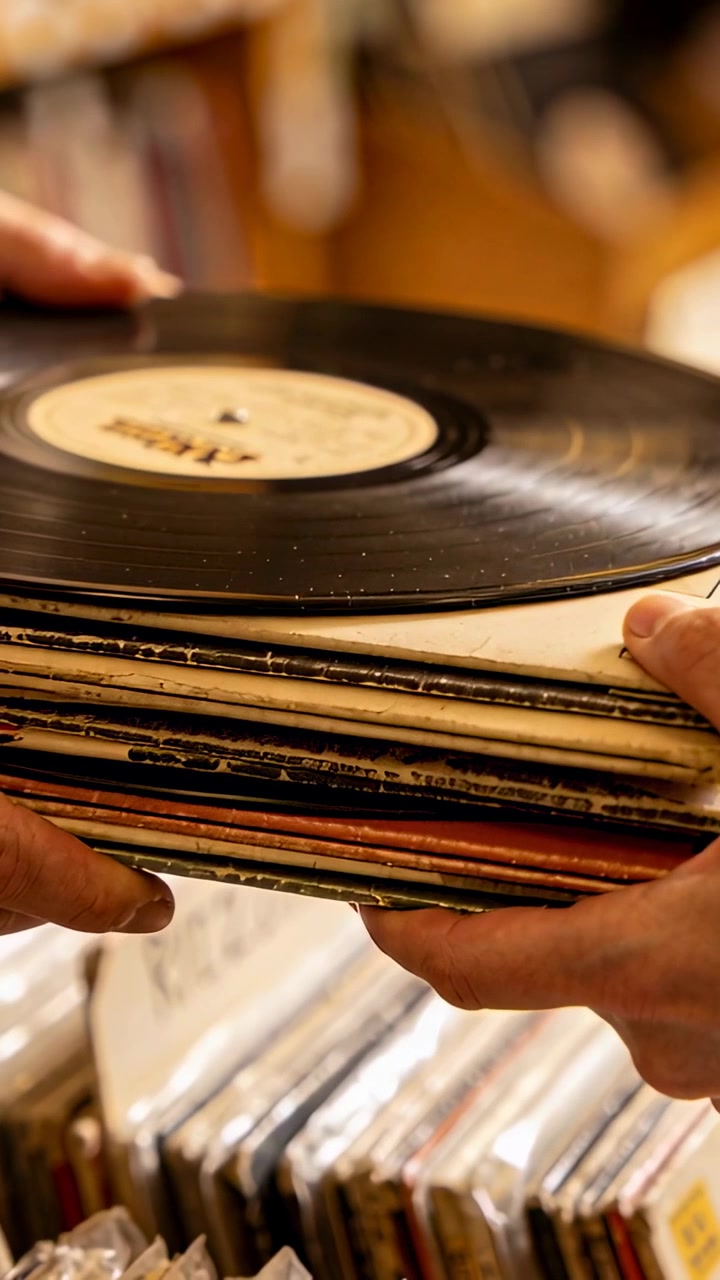 Video verticale: Mano destra che si allunga, solleva un vinile da 12 pollici, lo fa scorrere e controlla l'etichetta in un negozio di dischi.