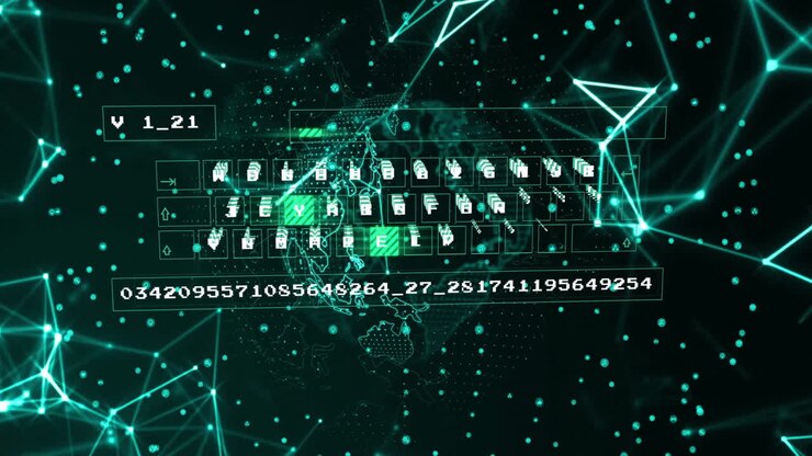 Animation of data processing over globe and network of connections on black background