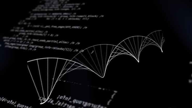 Animation of spinning dna strain over scientific data processing on black background