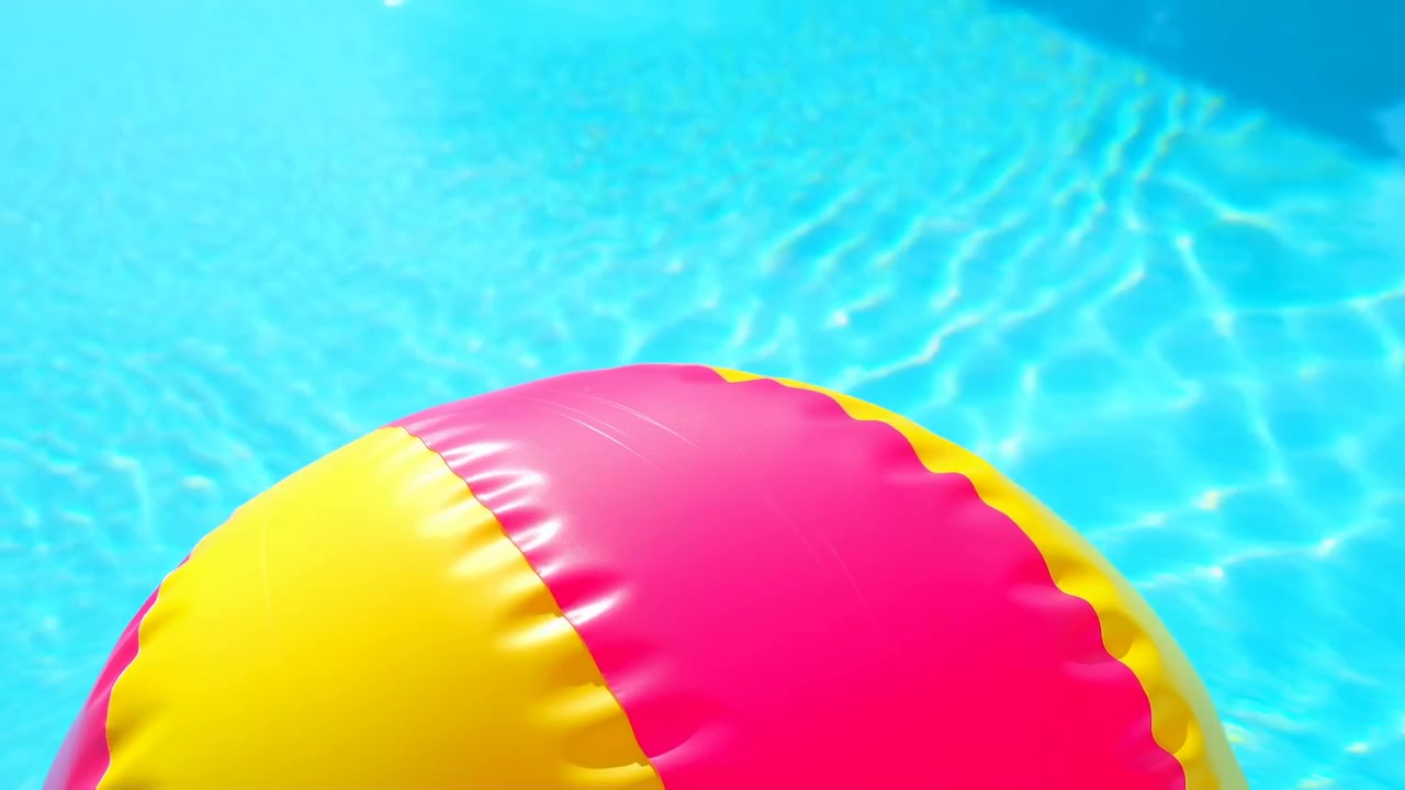 A cheerful inflatable beach ball floats in a swimming pool, viewed from a top-down perspective. The vibrant yellow and pink colors of the ball contrast beautifully with the clear blue water.