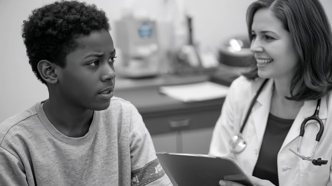 Responding patient answering clinician's questions for check-in at clinic, white coat, clipboard