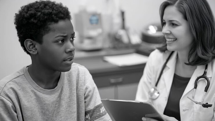 Responding patient answering clinician's questions for check-in at clinic, white coat, clipboard