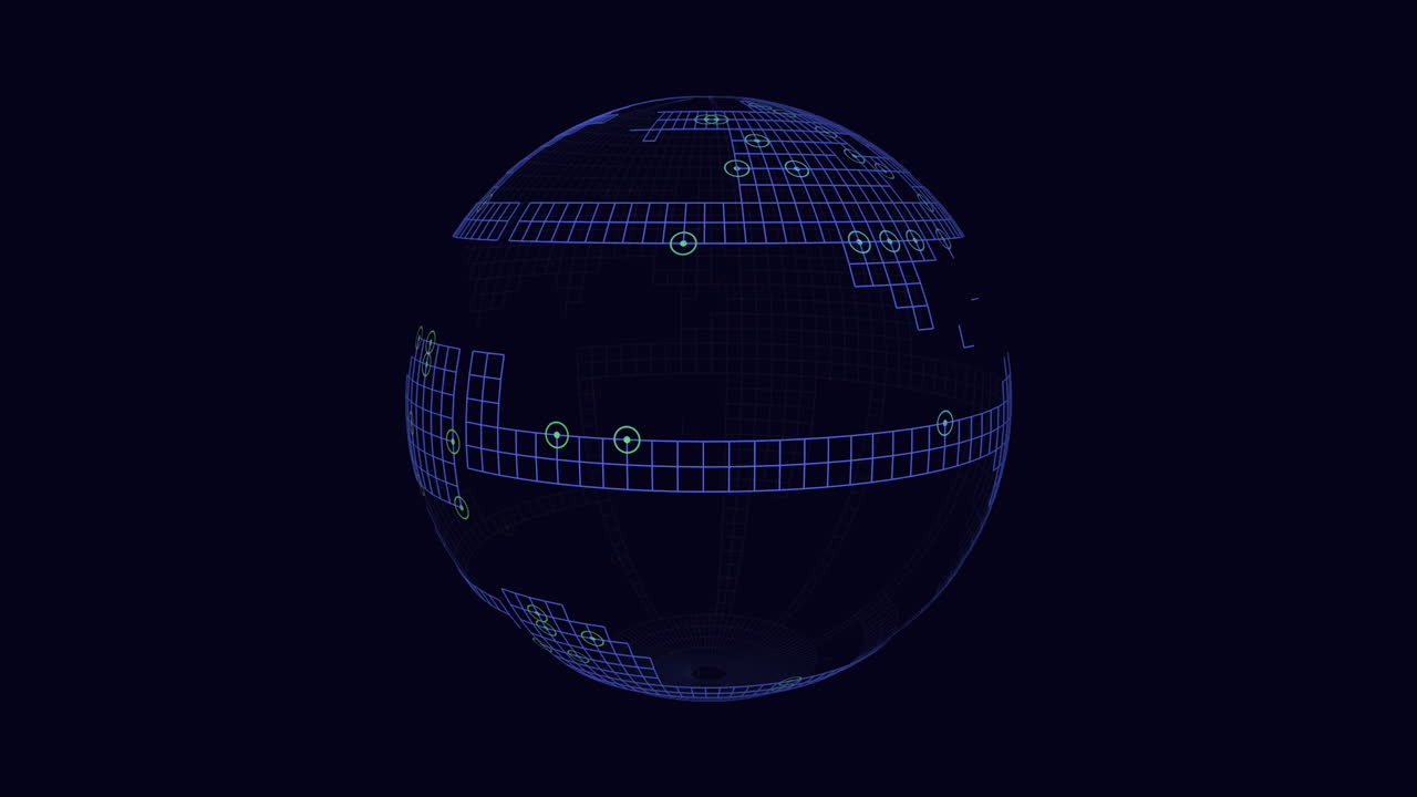 3D globe illustration featuring a network of interconnected lines forming a grid made up of small circles. The intricate design showcases a modern and complex visualization concept