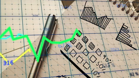 animation of statistical data processing against close up of pen and diary on office desk