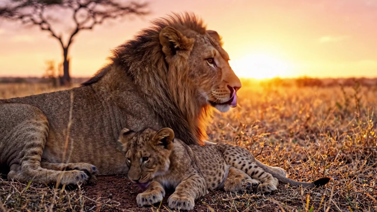 Leone Maestoso e Cucciolo Giocoso che Riposano Insieme al Tramonto, Catturando il Legame Familiare in Natura e la Bellezza dell'Ora d'Oro della Natura