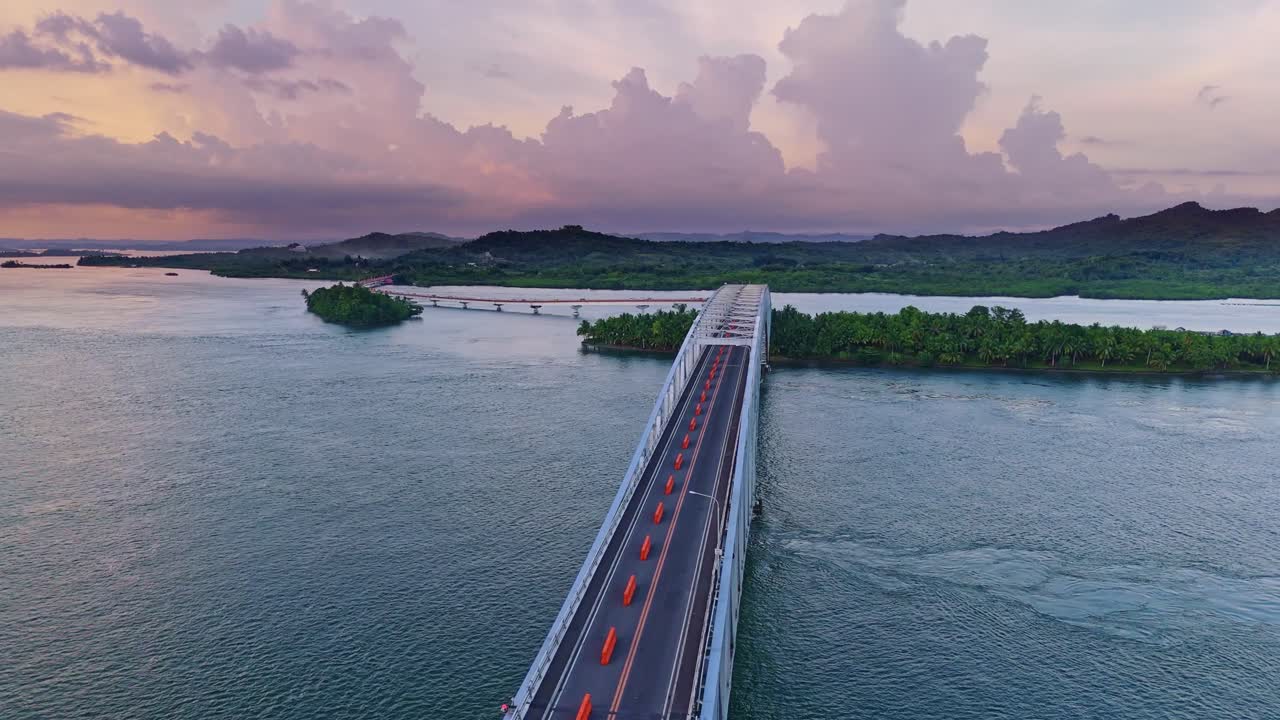 Cinematic aerial of the San Juanico Bridge now under repair connecting Leyte and Samar Philippines