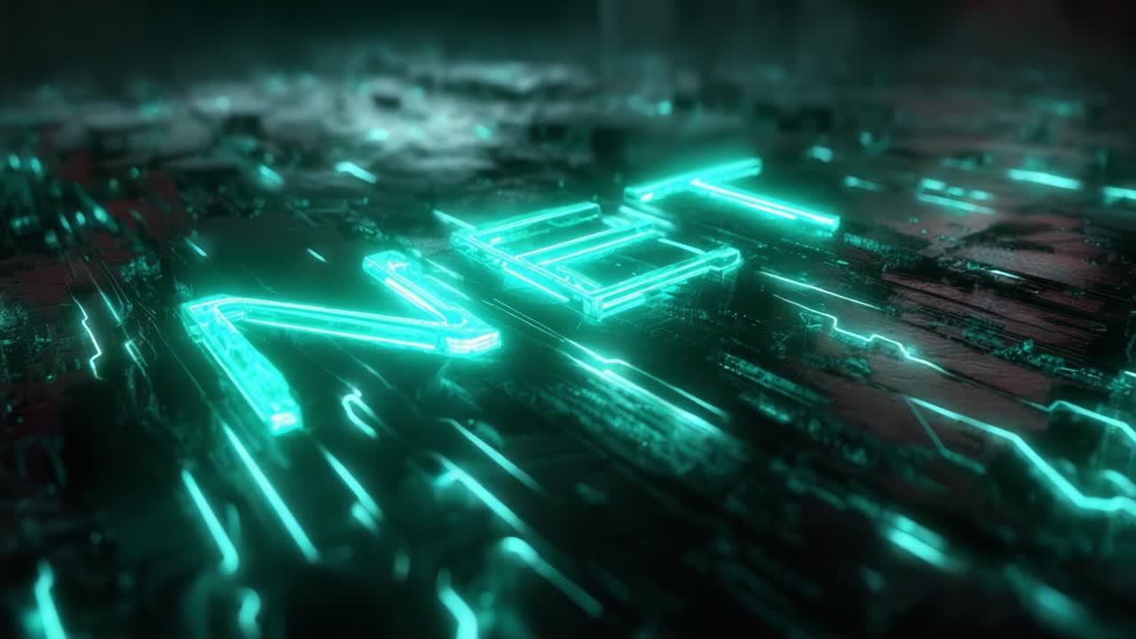A Captivating Glimpse into the Digital Realm: Illuminated Neon NFT Letters Emanate from Futuristic Textures, Symbolizing the Evolution of Blockchain Art and Technology