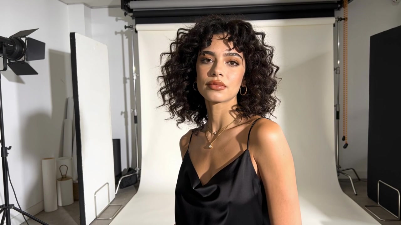 Reacting to photographer prompts, model adjusting pose in studio with black dress and necklaces