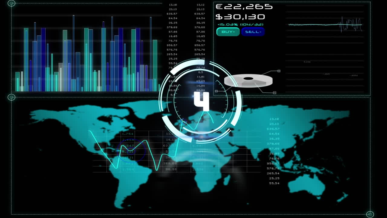 Animation of scope scanning with countdown over data processing on black background